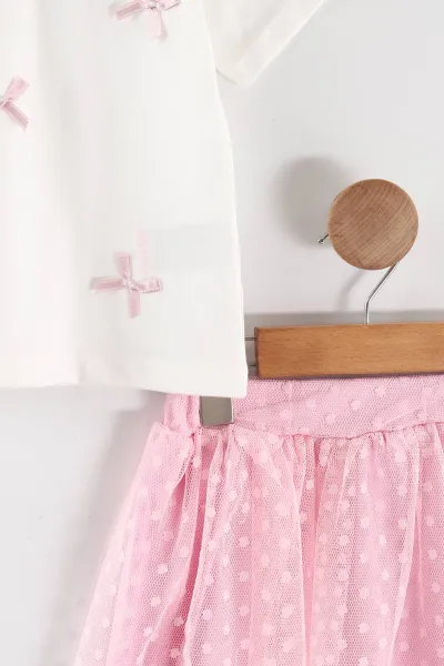 Açık Pembe (2-5 Yaş)Fiyonk Aplikeli Tül Etekli Kız Çocuk Takım 461457