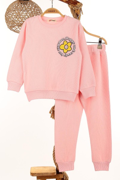 Açık Pembe (6-9 Yaş) Papatya Baskılı Taş İşlemeli Selanik Kumaş Kız Çocuk Takım 149316