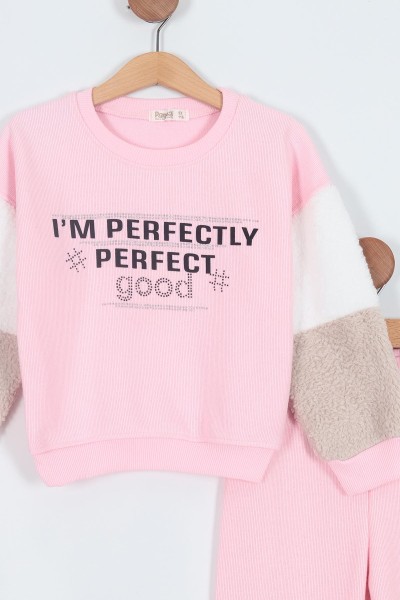 Açık Pembe (6-9 Yaş) Perfect Baskılı Taş İşlemeli Welsoft Kol Detaylı Selanik Kumaş Kız Çocuk Takım 210054