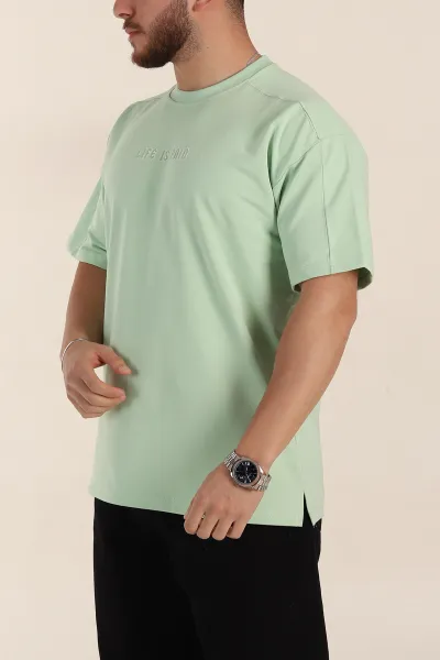 Açık Yeşil Relaxed Fit İnterlok Kumaş Yazı Detaylı Erkek Tişört 359314