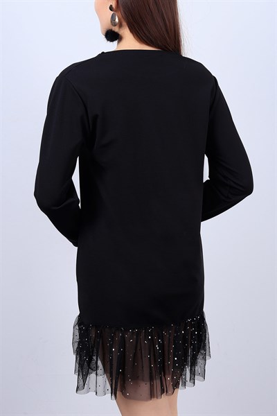 Alt Tül Fırfırlı Bayan Siyah Elbise 12046B
