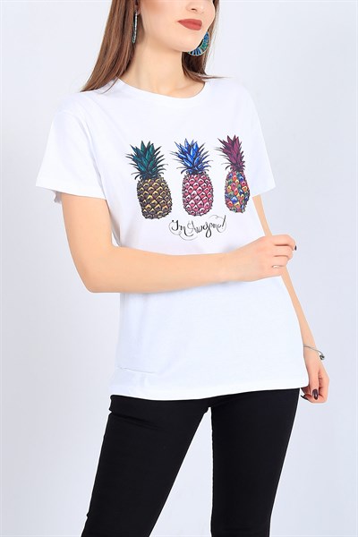 Ananas Baskılı Beyaz Tişört 25129B