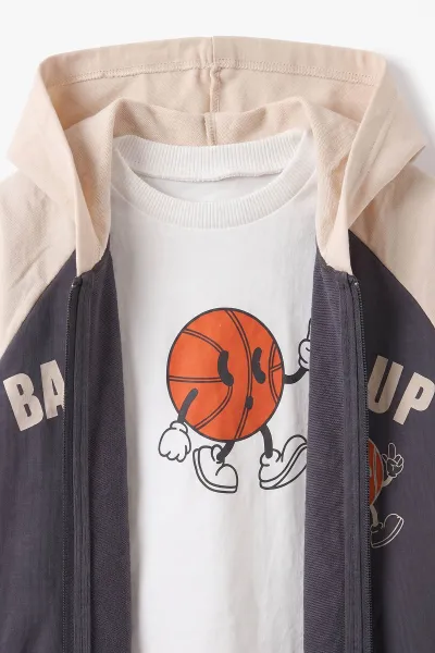Antrasit (0-4 Yaş) Basketball Baskılı Kapüşonlu Fermuarlı Hırkalı Erkek Çocuk 2 İp 3'lü Takım 471508