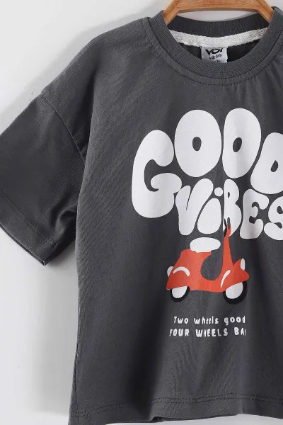 Antrasit (0-4 Yaş)Good Vibes Baskılı Tişörtlü  Şortlu  Erkek Çocuk Yazlık Takım 461724