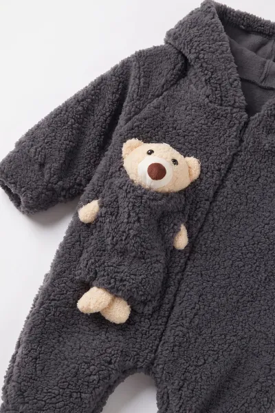 Antrasit (1-3 Yaş) Ayı Oyuncaklı Kapüşonlu Unisex Çocuk&Bebek Peluş  Tulum 495650