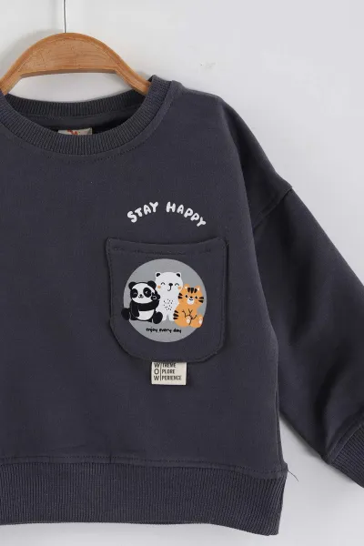Antrasit (1-4 Yaş)Baskılı Cepli Erkek Çocuk Sweatshirt 432839