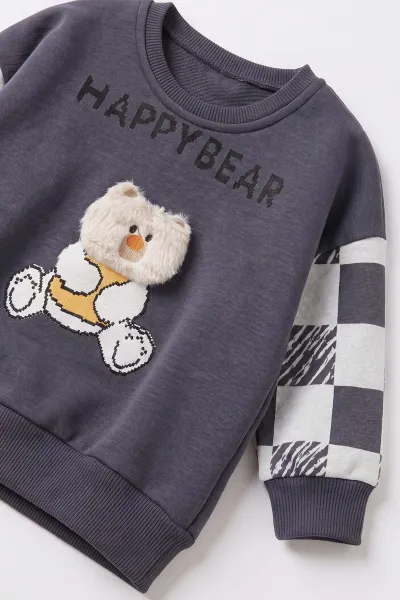 Antrasit (1-4 Yaş)Happy Bear Baskılı  3 İp Şardonlu Erkek Çocuk&Bebek Kışlık Takım 489468