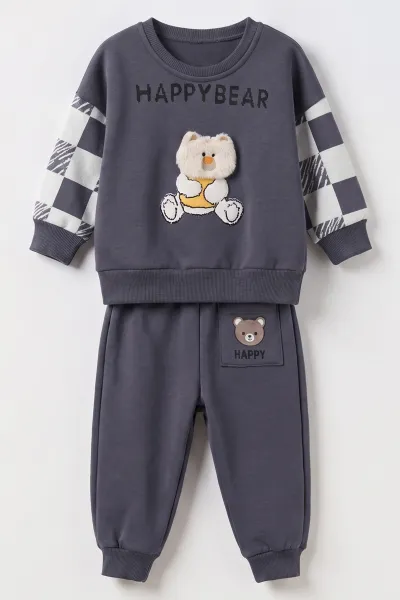 Antrasit (1-4 Yaş)Happy Bear Baskılı  3 İp Şardonlu Erkek Çocuk&Bebek Kışlık Takım 489468