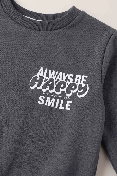 Antrasit (1-5 Yaş) Happy Smile Baskılı 2 İp İçi Şardonlu Alt Çizgili Erkek Çocuk 2'li Takım 496703