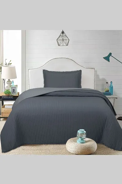 Antrasit 180x240 Cm Bella Home Tek Kişilik Sofia Ponponlu Yatak Örtüsü 395053