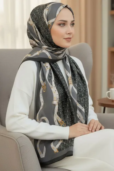 Antrasit 180X70 cm Dijital Baskı L Desenli Pamuk Şal 420513