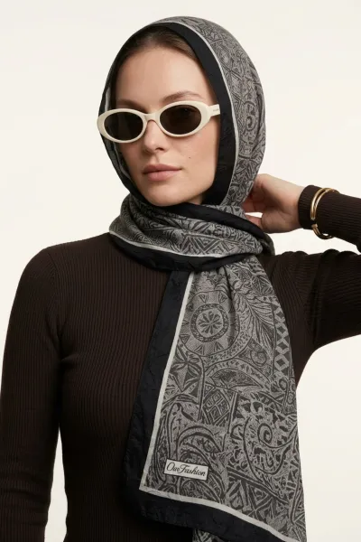 Antrasit 180x70 Cm Our Fashion Dijital Baskılı Desenli Bambu Kraş Şal 488555