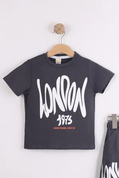 Antrasit (2-10  Yaş) London Baskılı Cepli Şortlu Penye Erkek Çocuk Yazlık 2'li Takım 454628
