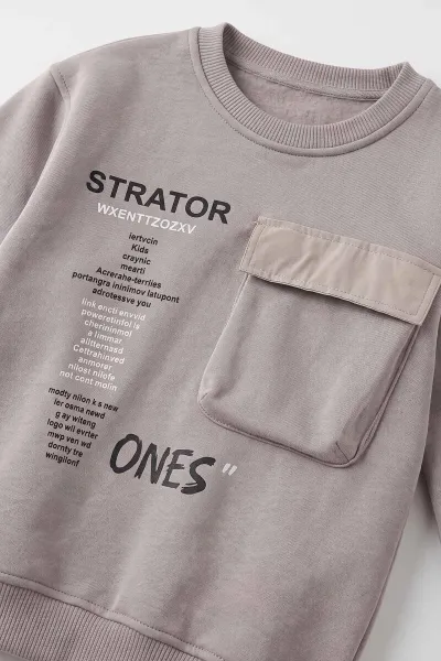 Antrasit (2-12 Yaş) Baskılı Cep Detaylı 3 İp Şardonlu Erkek Çocuk Sweatshirt 499657