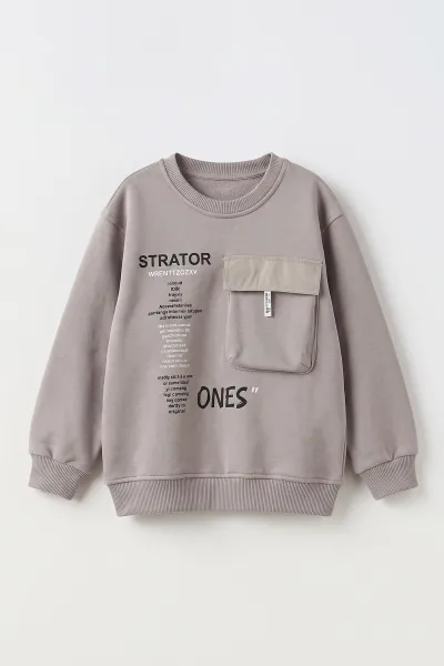 Antrasit (2-12 Yaş) Baskılı Cep Detaylı 3 İp Şardonlu Erkek Çocuk Sweatshirt 499657