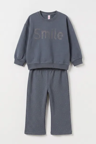 Antrasit (2-5 Yaş) Smile Baskılı Taşlı Kız Çocuk Takım 475954
