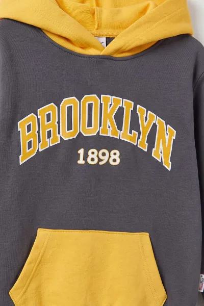 Antrasit (2-6 Yaş)Brooklyn Nakışlı   Kapüşonlu Kanguru Cepli Erkek Çocuk 2'li  Takım 472913