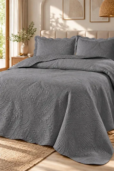 Antrasit 250x260 Cm Toyo Çift Kişilik Nakışlı Yatak Örtüsü 492034