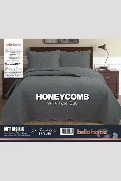 Antrasit 260x240 Cm Bella Home Çift Kişilik Honeycomb 3D Yatak Örtüsü 395112