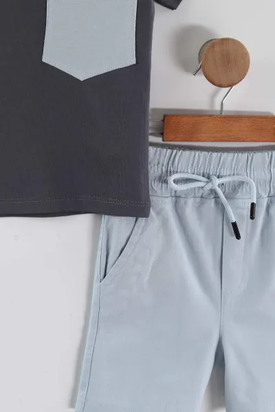 Antrasit (3-10 Yaş) Design Baskılı Gabardin Şortlu Erkek Çocuk Yazlık Takım 443636