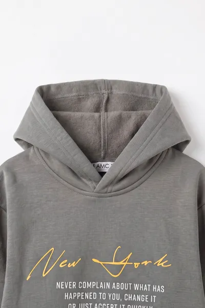 Antrasit (3-12 Yaş) Baskılı 3 İp Şardonlu Kapüşonlu Erkek Çocuk Sweatshirt 473838