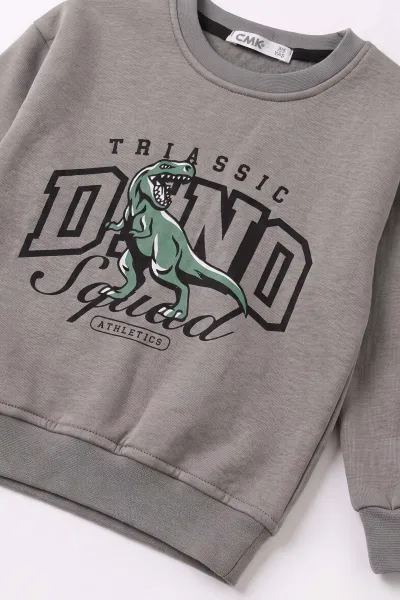 Antrasit (3-12 Yaş) Dino Baskılı 3 İp Şardonlu Erkek Çocuk Sweatshirt 483908