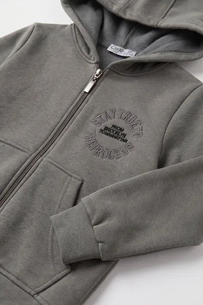 Antrasit (3-12 Yaş) Nakışlı Kapüşonlu Fermuarlı  Şardonlu 3 İp Erkek Çocuk Sweatshirt 484134