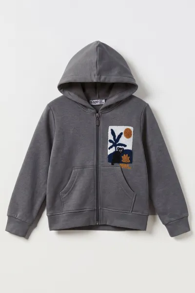 Antrasit (3-12 Yaş) Süzene Palmiye Nakışlı Kapüşonlu  3 İp Şardonlu Erkek Çocuk Sweatshirt 478781