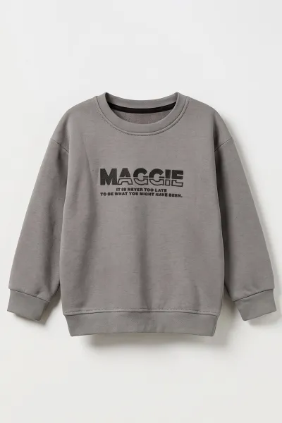 Antrasit (3-12 Yaş) Yazı Baskılı 3 İp Şardonlu Erkek Çocuk Sweatshirt 478778