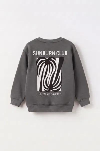 Antrasit (3-12 Yaş)Palmiye Baskılı 3 İp Şardonlu Erkek Çocuk Sweatshirt 484127