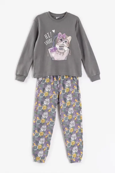 Antrasit (3-15 Yaş) Kedi Baskılı Ribana Kumaş Kız Çocuk Pijama Takımı 477076