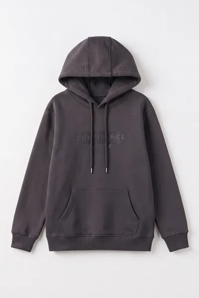 Antrasit (4-12 Yaş) Confidence Kabartma Baskılı Kapüşonlu ve Kanguru Cepli 3 İp Şardonlu Erkek Çocuk Sweatshirt 497752