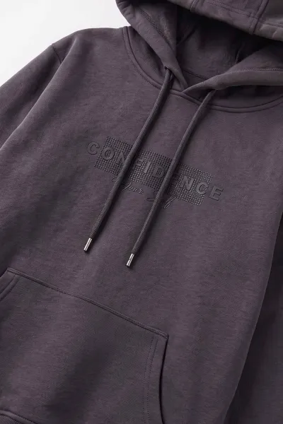 Antrasit (4-12 Yaş) Confidence Kabartma Baskılı Kapüşonlu ve Kanguru Cepli 3 İp Şardonlu Erkek Çocuk Sweatshirt 497752