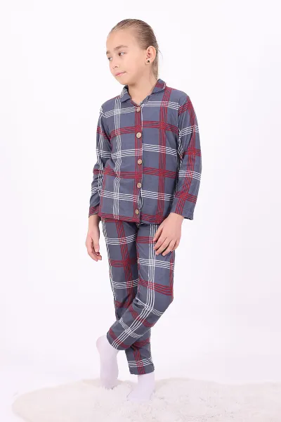 Antrasit (4-12 Yaş)Çizgi Desenli Düğmeli Kız Çocuk Pijama Takımı 329808