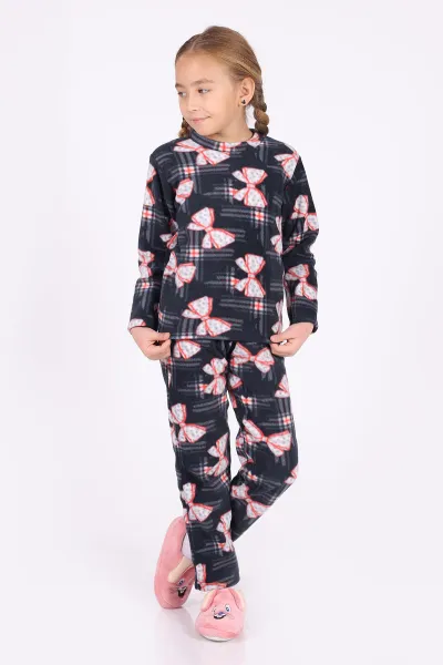 Antrasit (4-12 Yaş)Fiyonk  Desenli Polar Kumaş Kız Çocuk Pijama Takımı 327466