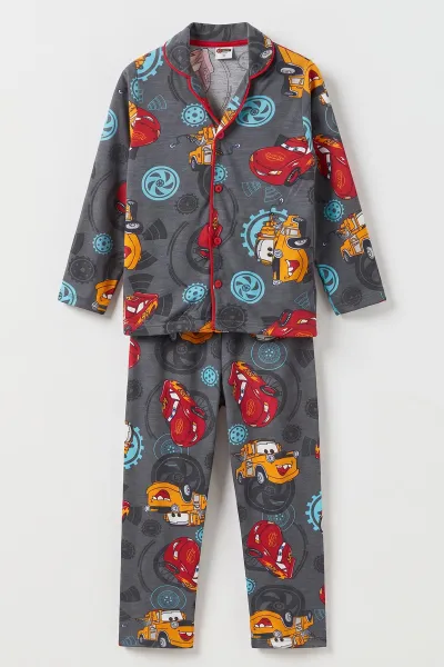 Antrasit (4-12 Yaş)Karakter Desenli   Uzun Kol  Ön Düğmeli  Kız Çocuk Pijama Takım 500676