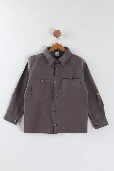 Antrasit (4-13 Yaş)  Çift Cepli Oversize Kalıp Erkek Çocuk Gabardin Gömlek 442187