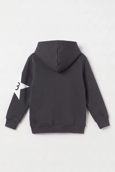 Antrasit (4-12 Yaş) Yazı Baskılı Kanguru Cepli ve Kapüşonlu 3 İp Şardonlu Erkek Çocuk Sweatshirt 497559