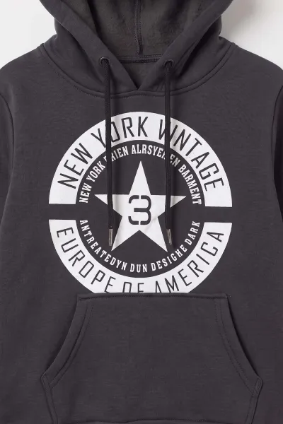 Antrasit (4-12 Yaş) Yazı Baskılı Kanguru Cepli ve Kapüşonlu 3 İp Şardonlu Erkek Çocuk Sweatshirt 497559