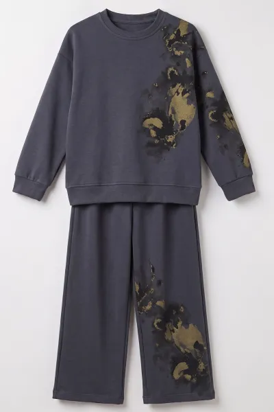 Antrasit (5-12 Yaş)Batik Boyalı Modal Kumaş  Kız Çocuk 2'li Takım 490959