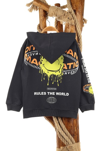 Antrasit (5-8 Yaş) Feel Happy Baskılı Kapüşonlu  Mevsimlik Erkek Çocuk Sweat 157155
