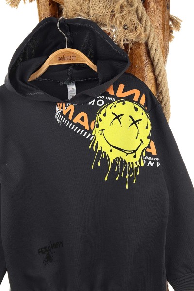 Antrasit (5-8 Yaş) Feel Happy Baskılı Kapüşonlu  Mevsimlik Erkek Çocuk Sweat 157155