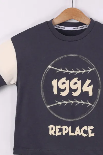 Antrasit (6-10 Yaş)   1994 Baskılı Garni Detay  Şortlu Penye Erkek Çocuk Yazlık Takım 441822