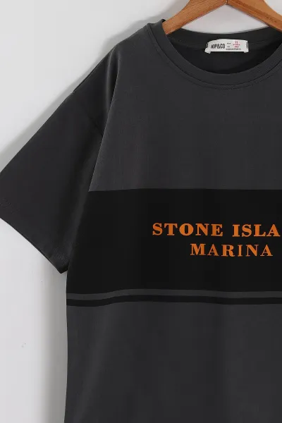 Antrasit (6-14 Yaş) Stone Island Baskılı 2 İp Erkek Çocuk Tişört 469283
