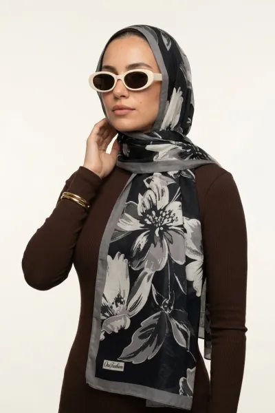 Antrasit 75*180 Cm Çok Çiçek Baskılı Dijital Soft Tülbent Şal 469402