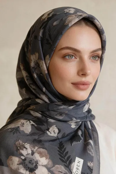 Antrasit 90x90 Cm Dijital Baskılı Rosalie Desen Soft Eşarp 498544