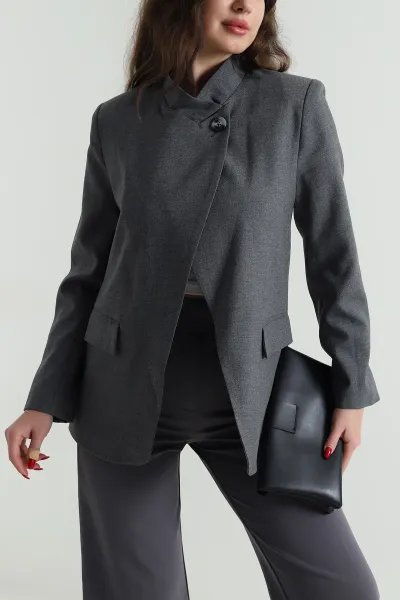 Antrasit Asimetrik Kruvaze Bezayağı Kadın Blazer Ceket 497647