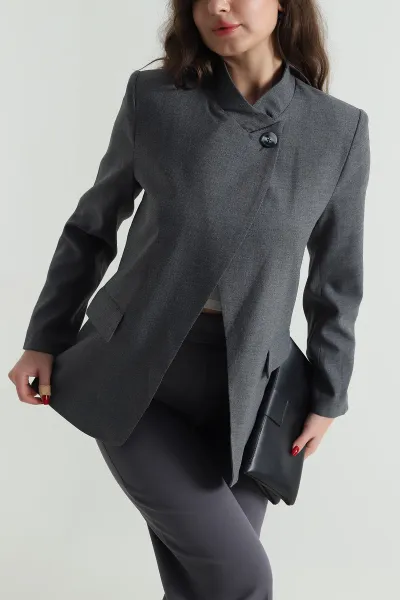 Antrasit Asimetrik Kruvaze Bezayağı Kadın Blazer Ceket 497647