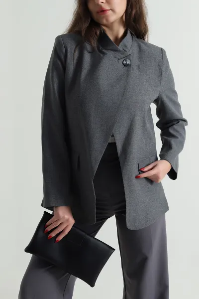 Antrasit Asimetrik Kruvaze Bezayağı Kadın Blazer Ceket 497647
