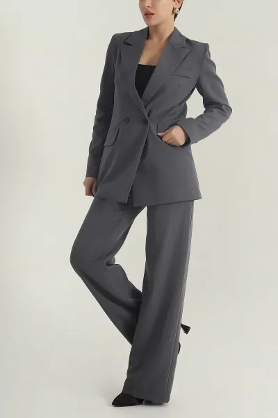 Antrasit Astarlı İki Düğme Atlas Kadın İkili Takım 400330